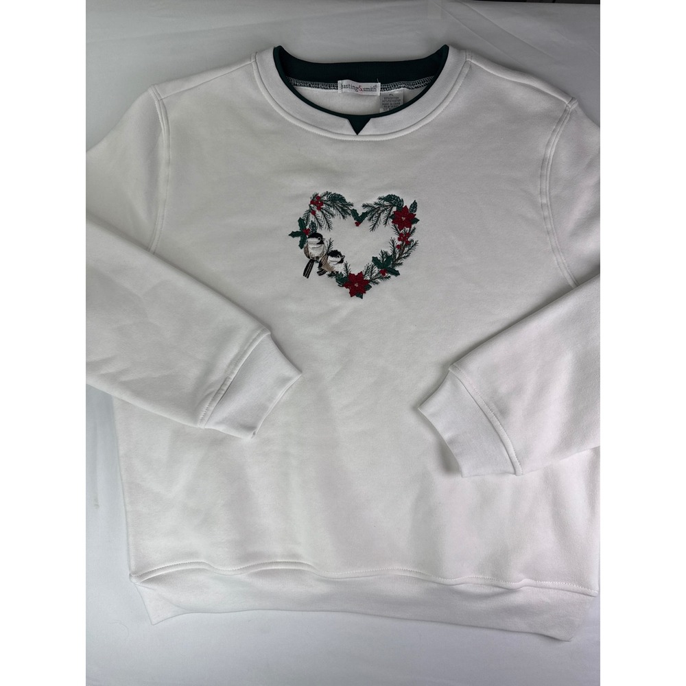 Hasting & Smith Womens White Embroidered Chickadee Heart Sweatshirt PL